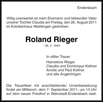 Traueranzeige von Roland Rieger von Kreiszeitung Waiblingen