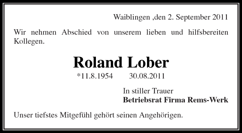  Traueranzeige für Roland Lober vom 03.09.2011 aus Kreiszeitung Waiblingen