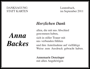 Traueranzeige von Anna Backes von Kreiszeitung Waiblingen