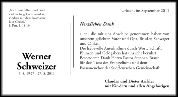 Traueranzeige von Werner Schweizer von Kreiszeitung Waiblingen