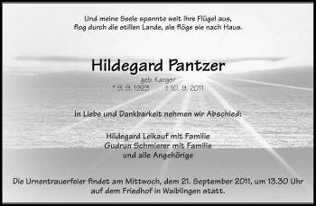 Traueranzeige von Hildegard Pantzer von Kreiszeitung Waiblingen