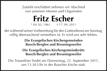 Traueranzeige von Fritz Escher von Kreiszeitung Waiblingen