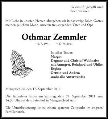 Traueranzeige von Othmar Zemmler von Kreiszeitung Waiblingen