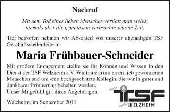 Traueranzeige von Maria Frühbauer-Schneider von Kreiszeitung Waiblingen