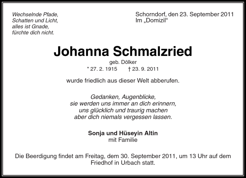  Traueranzeige für Johanna Schmalzried vom 27.09.2011 aus Kreiszeitung Waiblingen