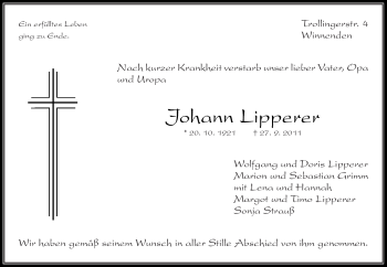 Traueranzeige von Johann Lipperer von Kreiszeitung Waiblingen