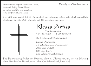 Traueranzeige von Klaus Artus von Kreiszeitung Waiblingen