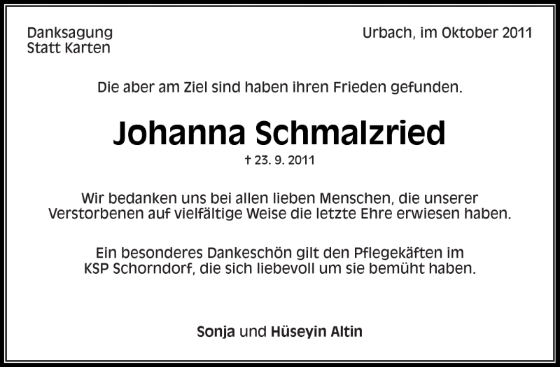  Traueranzeige für Johanna Schmalzried vom 06.10.2011 aus Kreiszeitung Waiblingen