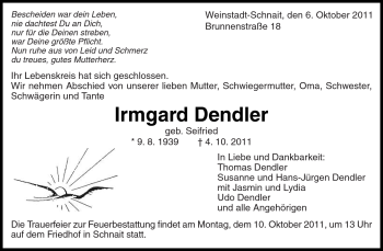 Traueranzeige von Irmgard Dendler von Kreiszeitung Waiblingen