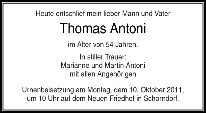  Traueranzeige für Thomas Antoni vom 07.10.2011 aus Kreiszeitung Waiblingen