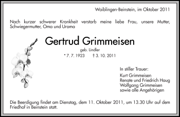 Traueranzeige von Gertrud Grimmeisen von Kreiszeitung Waiblingen