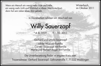 Traueranzeige von Willy Sauerzapf von Kreiszeitung Waiblingen