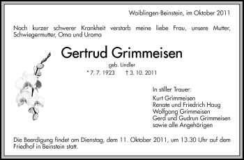 Traueranzeige von Gertrud Grimmeisen von Kreiszeitung Waiblingen