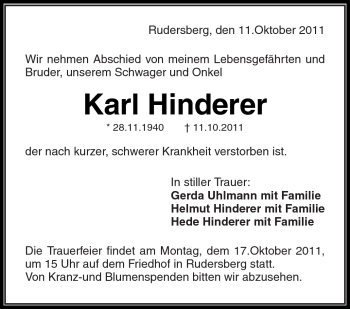 Traueranzeige von Karl Hinderer von Kreiszeitung Waiblingen