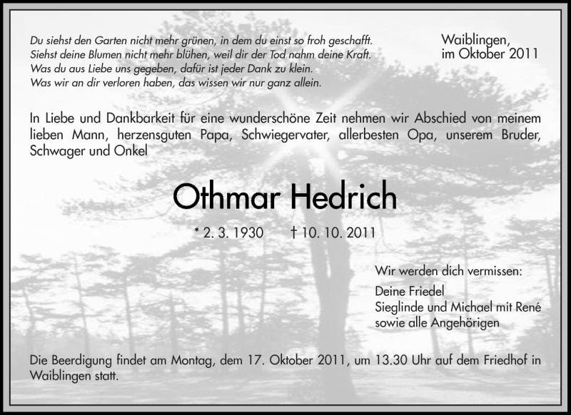  Traueranzeige für Othmar Hedrich vom 13.10.2011 aus Kreiszeitung Waiblingen