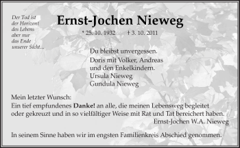 Traueranzeige von Ernst-Jochen Nieweg von Kreiszeitung Waiblingen