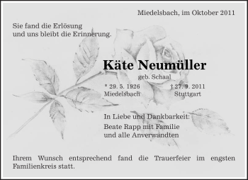 Traueranzeige von Käte Neumüller von Kreiszeitung Waiblingen