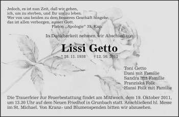 Traueranzeige von Lissi Getto von Kreiszeitung Waiblingen