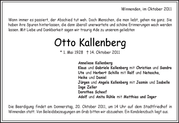 Traueranzeige von Ottot Kallenberg von Kreiszeitung Waiblingen