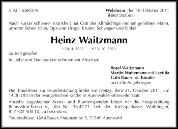 Traueranzeige von Heinz Waitzmann von Kreiszeitung Waiblingen