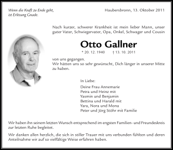 Traueranzeige von Otto Gallner von Kreiszeitung Waiblingen