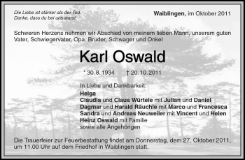 Traueranzeige von Karl Oswald von Kreiszeitung Waiblingen