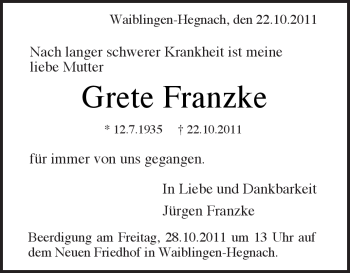 Traueranzeige von Grete Franzke von Kreiszeitung Waiblingen