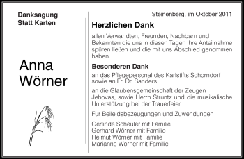 Traueranzeige von Anna Wörner von Kreiszeitung Waiblingen