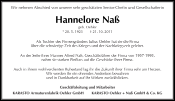 Traueranzeige von Hannelore Naß von Kreiszeitung Waiblingen