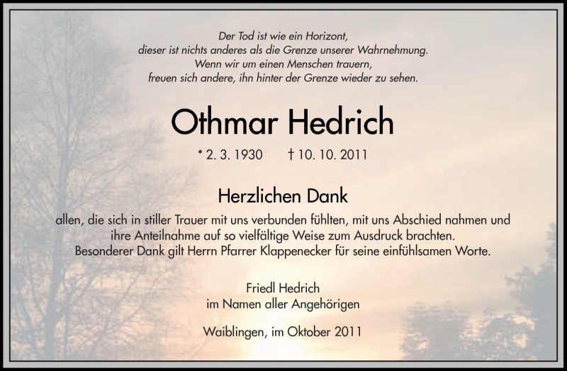  Traueranzeige für Othmar Hedrich vom 29.10.2011 aus Kreiszeitung Waiblingen