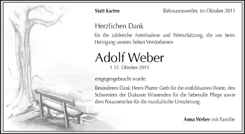 Traueranzeige von Adolf Weber von Kreiszeitung Waiblingen