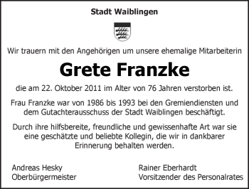 Traueranzeige von Grete Franzke von Kreiszeitung Waiblingen