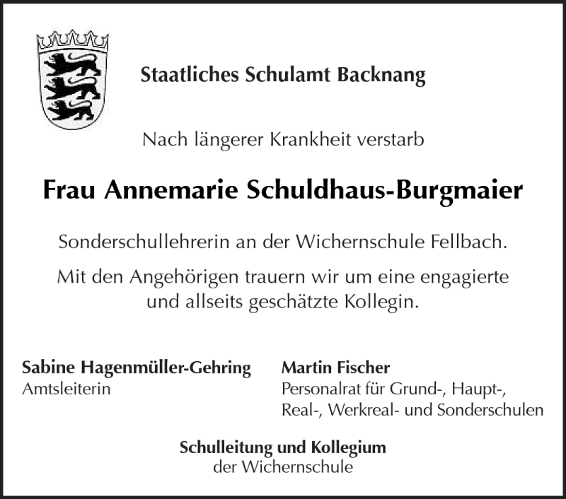  Traueranzeige für Annemarie Schuldhaus-Burgmaier vom 02.11.2011 aus Kreiszeitung Waiblingen