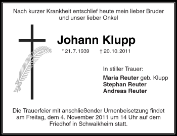 Traueranzeige von Johann Klupp von Kreiszeitung Waiblingen