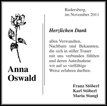 Traueranzeige von Anna Oswald von Kreiszeitung Waiblingen