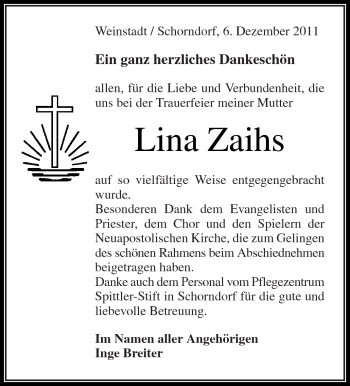 Traueranzeige von Lina Zaihs von Kreiszeitung Waiblingen