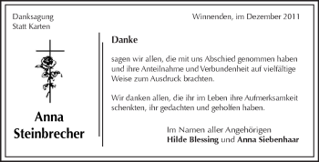 Traueranzeige von Anna Steinbrecher von Kreiszeitung Waiblingen