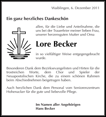 Traueranzeige von Lore Becker von Kreiszeitung Waiblingen