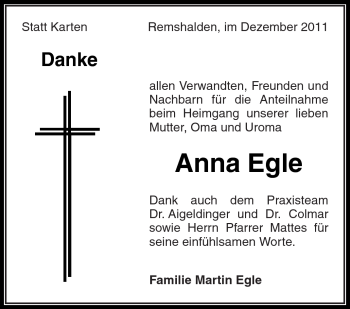 Traueranzeige von Anna Egle von Kreiszeitung Waiblingen