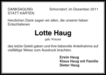 Traueranzeige von Lotte Haug von Kreiszeitung Waiblingen