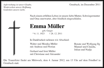 Traueranzeige von Emma Müller von Kreiszeitung Waiblingen