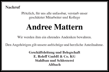 Traueranzeige von Andree Mattern von Kreiszeitung Waiblingen