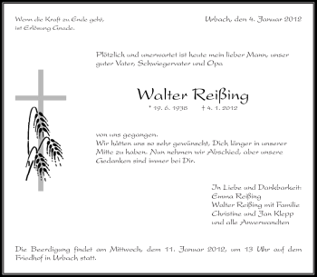Traueranzeige von Walter Reißing von Kreiszeitung Waiblingen