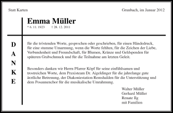 Traueranzeige von Emma Müller von Kreiszeitung Waiblingen