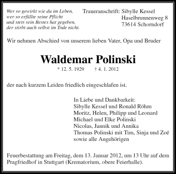 Traueranzeige von Waldemar Polinski von Kreiszeitung Waiblingen