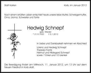 Traueranzeige von Hedwig Schnepf von Kreiszeitung Waiblingen