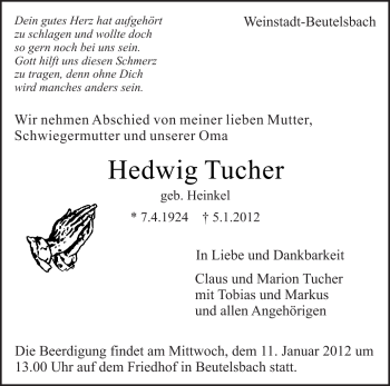 Traueranzeige von Hedwig Tucher von Kreiszeitung Waiblingen
