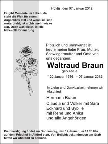 Traueranzeige von Waltraud Braun von Kreiszeitung Waiblingen