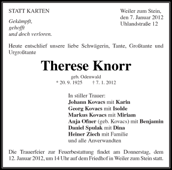 Traueranzeige von Therese Knorr von Kreiszeitung Waiblingen