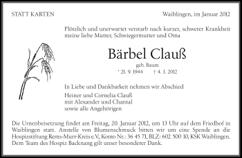 Traueranzeige von Bärbel Clauß von Kreiszeitung Waiblingen
